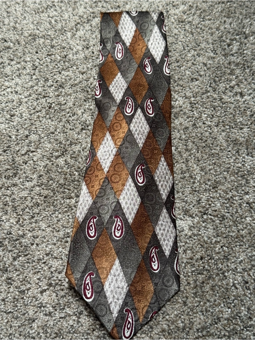 Retro Pierre Cardin Brown, Gray & White Argyle Paisley Silk Tie